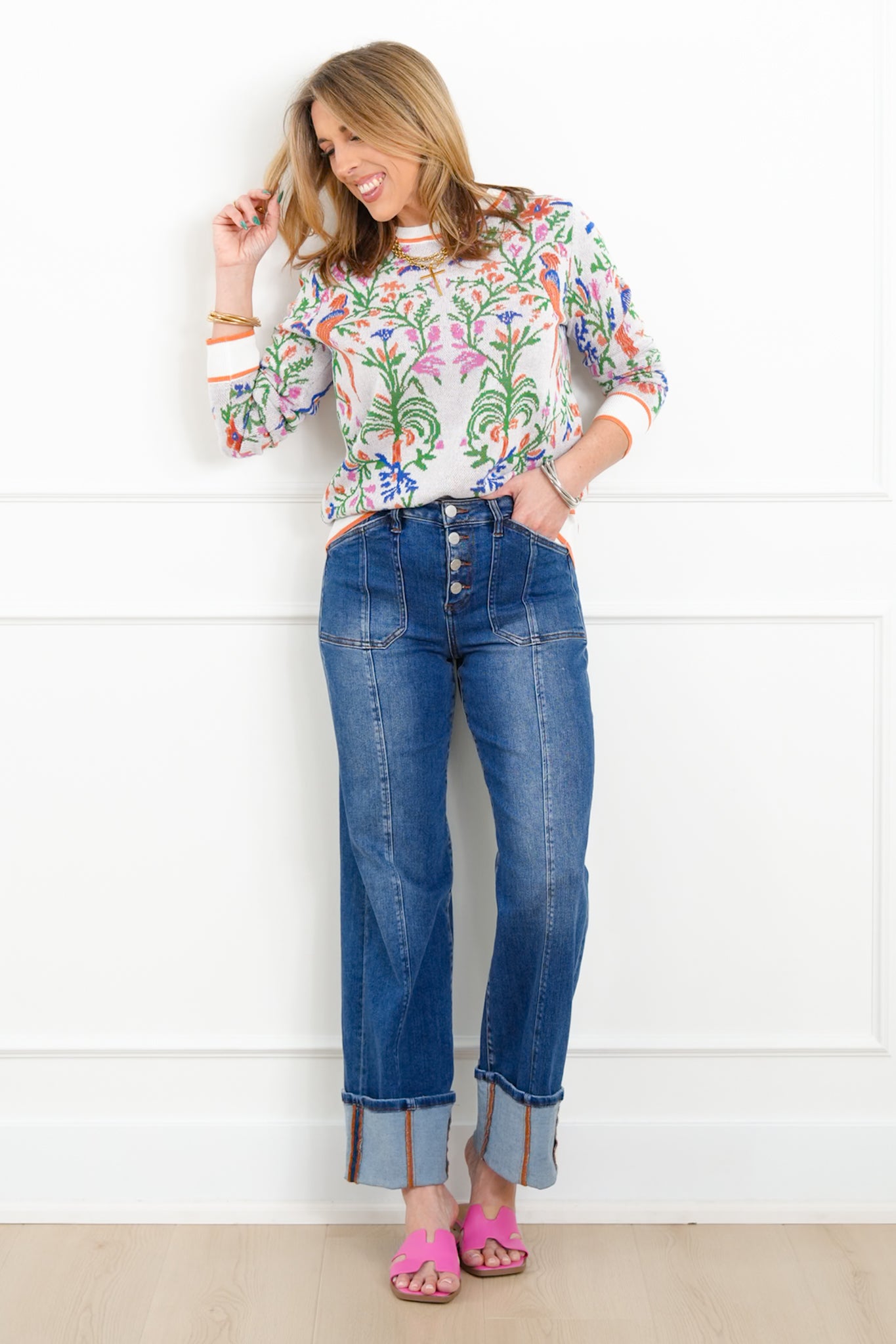 Knit Tropical Print Long Sleeve Pullover Sweater