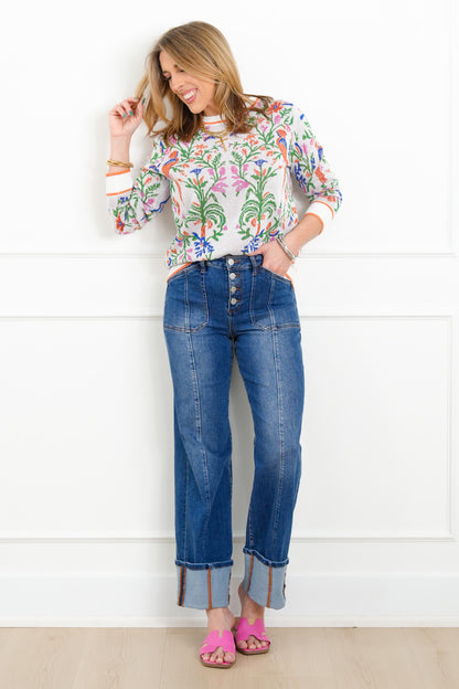 Knit Tropical Print Long Sleeve Pullover Sweater