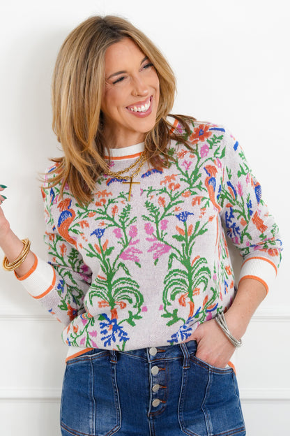 Knit Tropical Print Long Sleeve Pullover Sweater