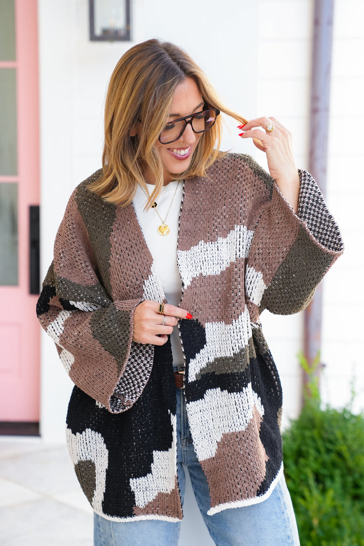 POL Color Block 3/4 Sleeve Open Cardigan Sweater