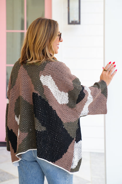 POL Color Block 3/4 Sleeve Open Cardigan Sweater