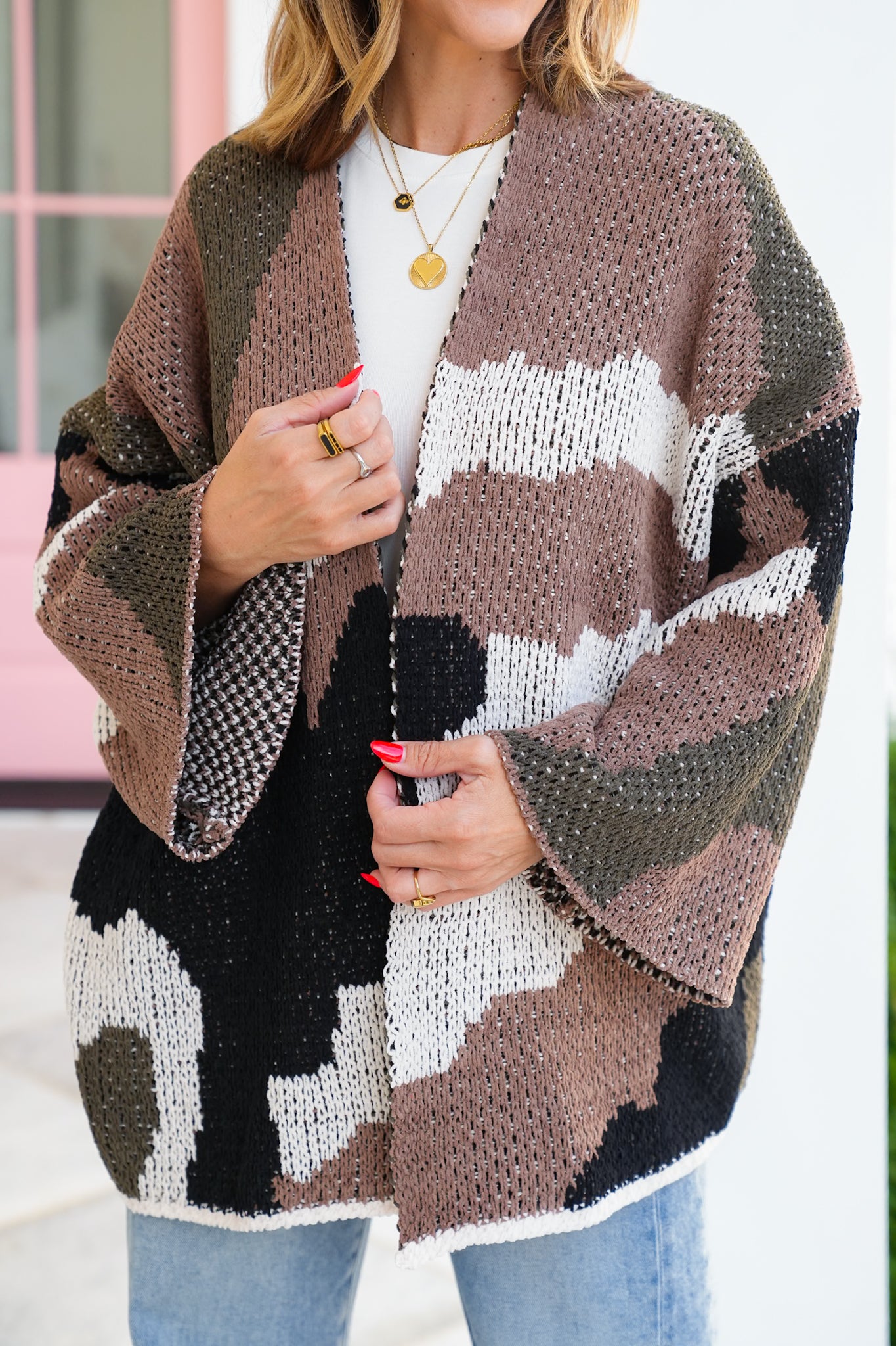 POL Color Block 3/4 Sleeve Open Cardigan Sweater