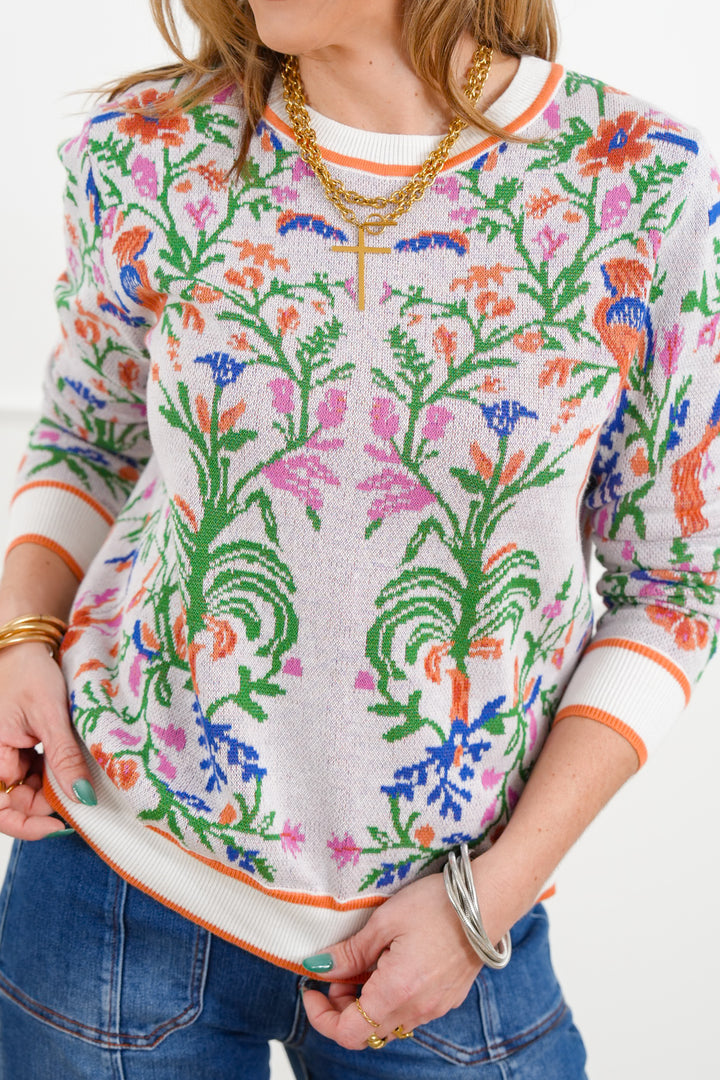 Knit Tropical Print Long Sleeve Pullover Sweater