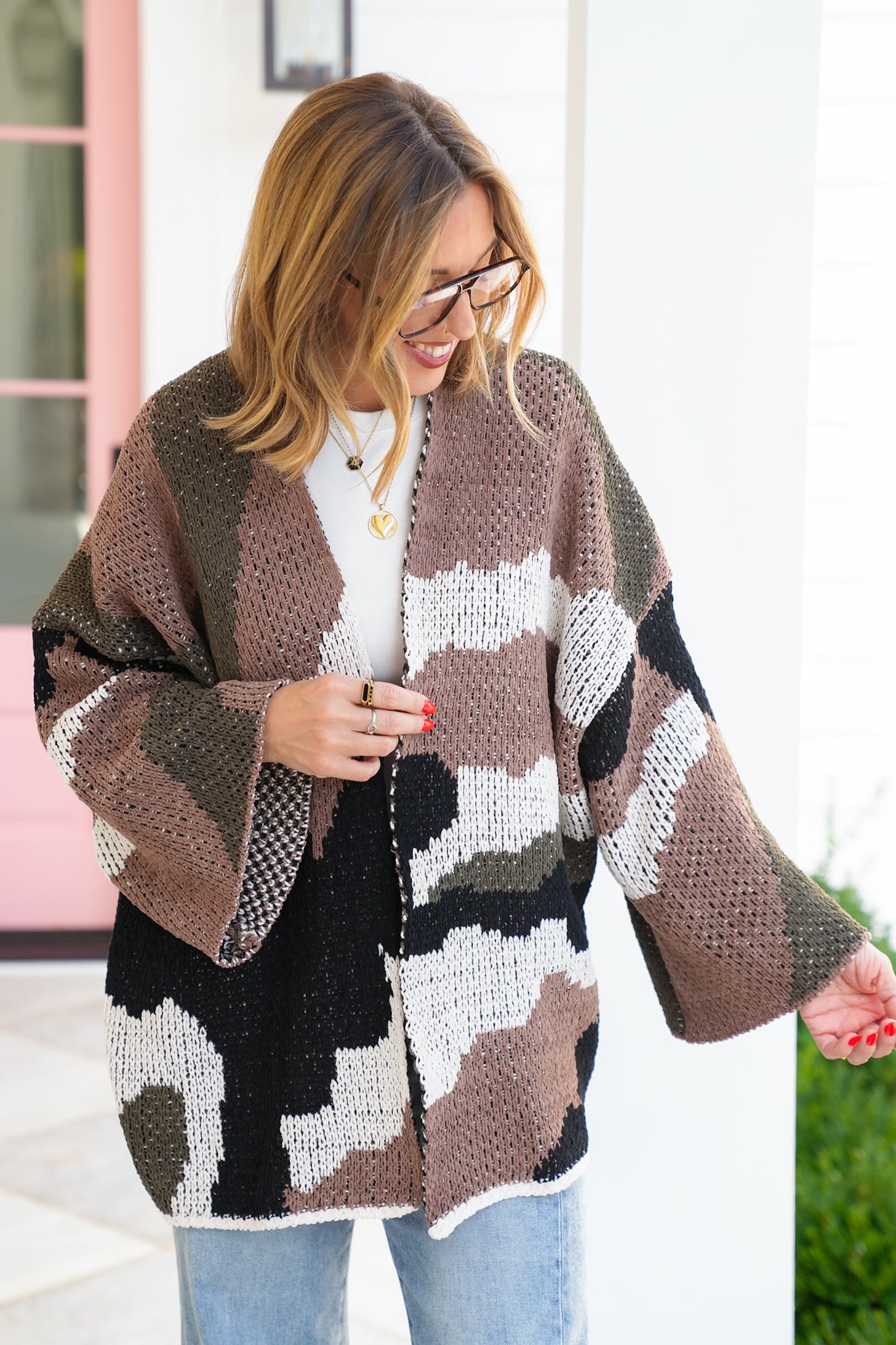 POL Color Block 3/4 Sleeve Open Cardigan Sweater