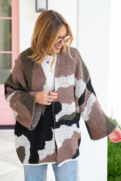 POL Color Block 3/4 Sleeve Open Cardigan Sweater