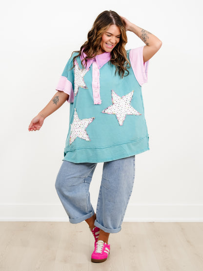 Star Patchwork Short Sleeve Button Up Tunic Top - Freckled Poppy
