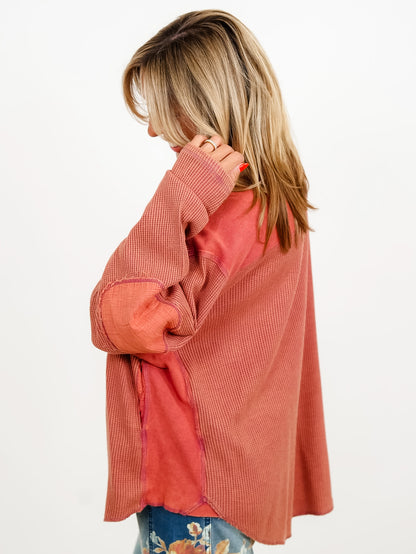 Waffle Knit Long Sleeve Top with Side Pockets