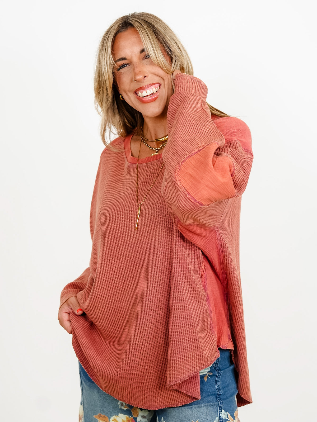 Waffle Knit Long Sleeve Top with Side Pockets
