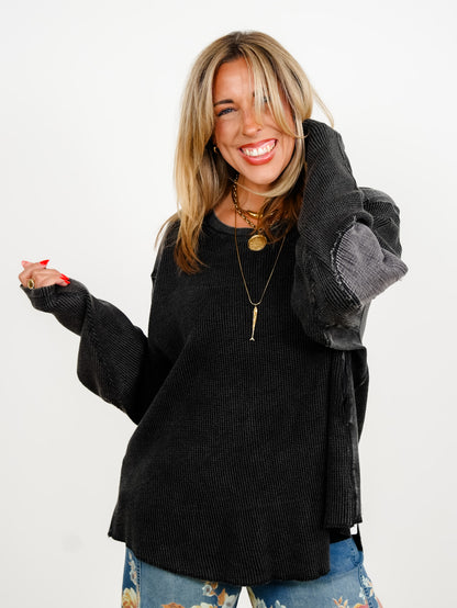 Waffle Knit Long Sleeve Top with Side Pockets