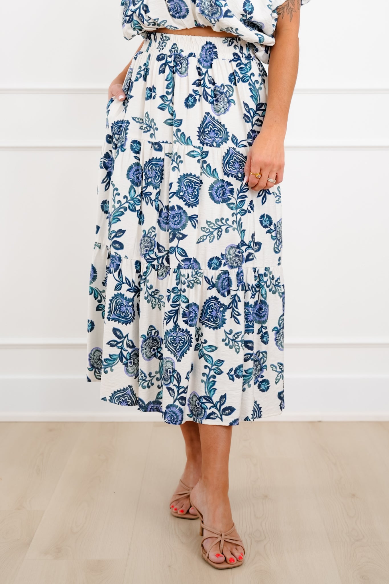 Floral Print Elastic Waist Midi Skirt