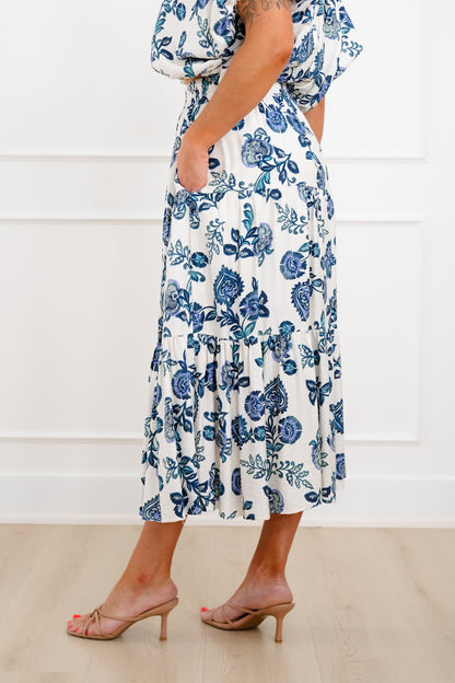 Floral Print Elastic Waist Midi Skirt