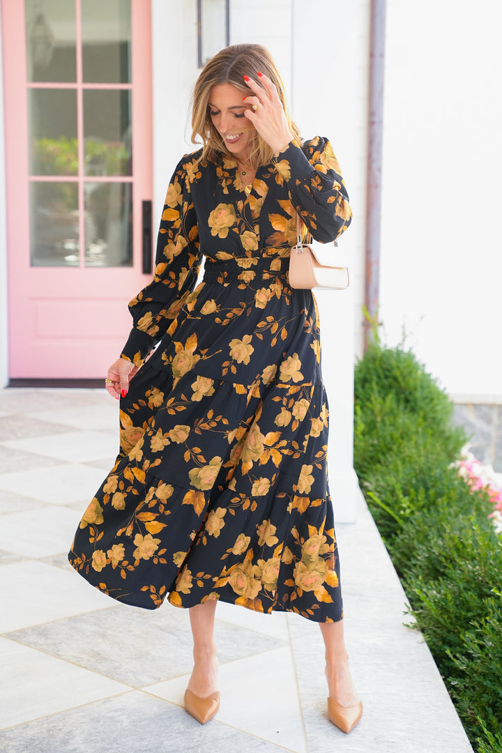Plus/Reg Floral Long Sleeve Tiered Maxi Dress