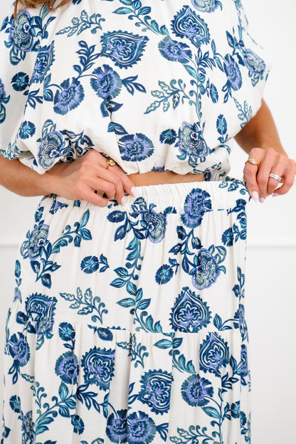 Floral Print Elastic Waist Midi Skirt