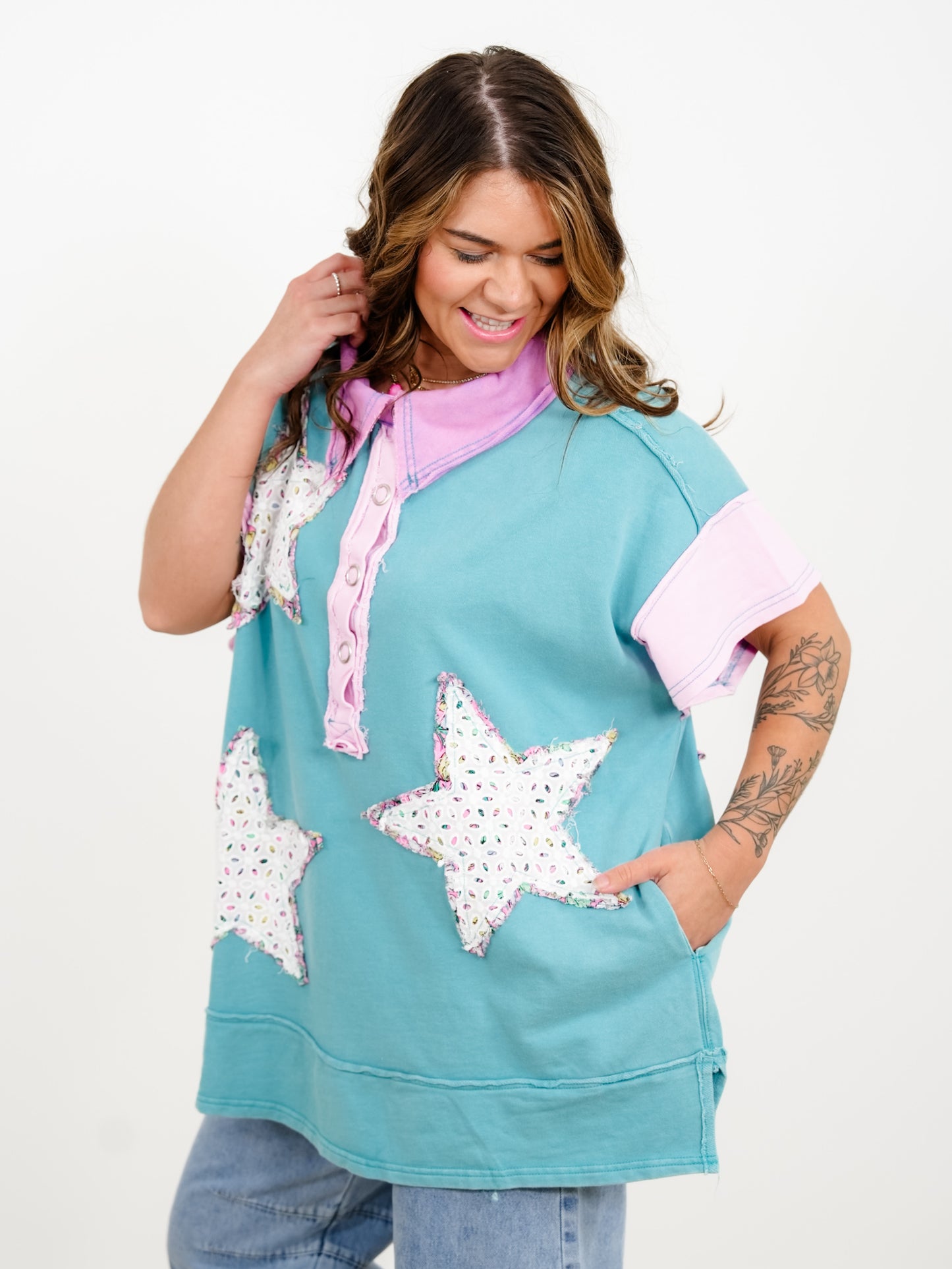 Star Patchwork Short Sleeve Button Up Tunic Top - Freckled Poppy