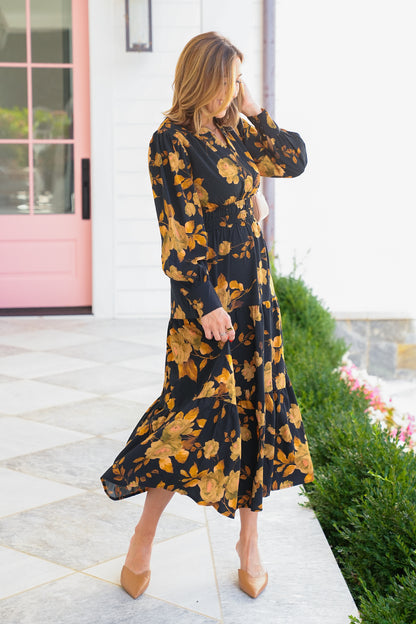 Plus/Reg Floral Long Sleeve Tiered Maxi Dress