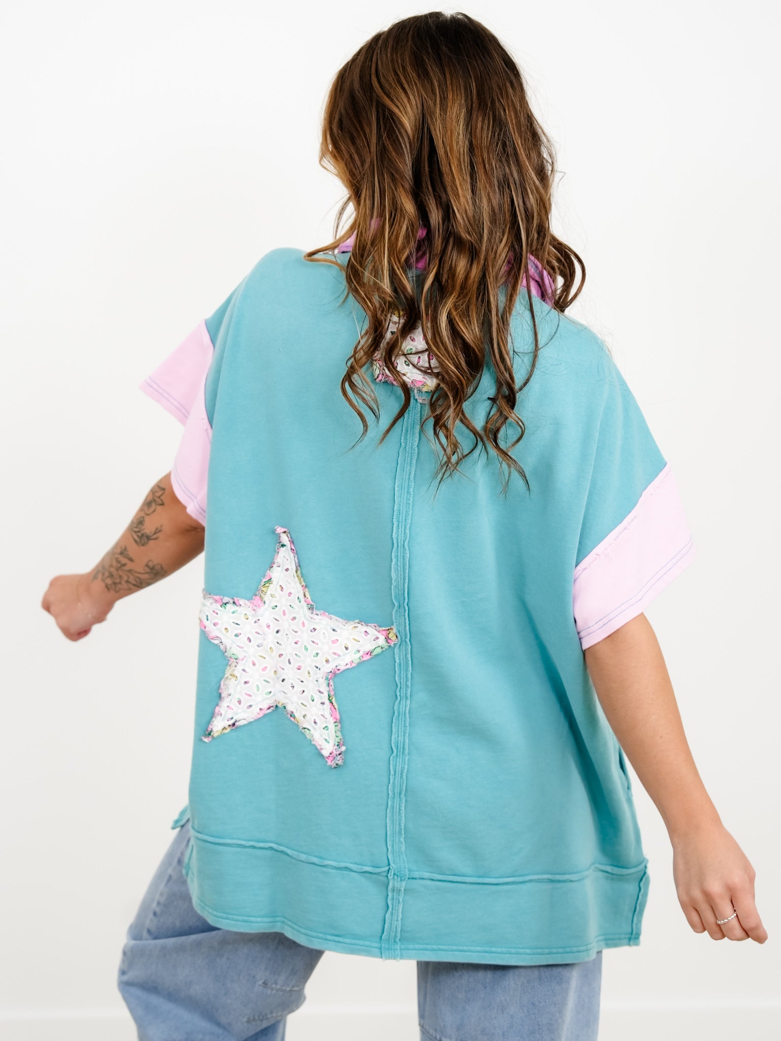 Star Patchwork Short Sleeve Button Up Tunic Top - Freckled Poppy