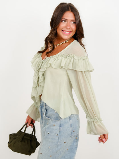 Sage Sheer Long Sleeve Tie Front Ruffle Top