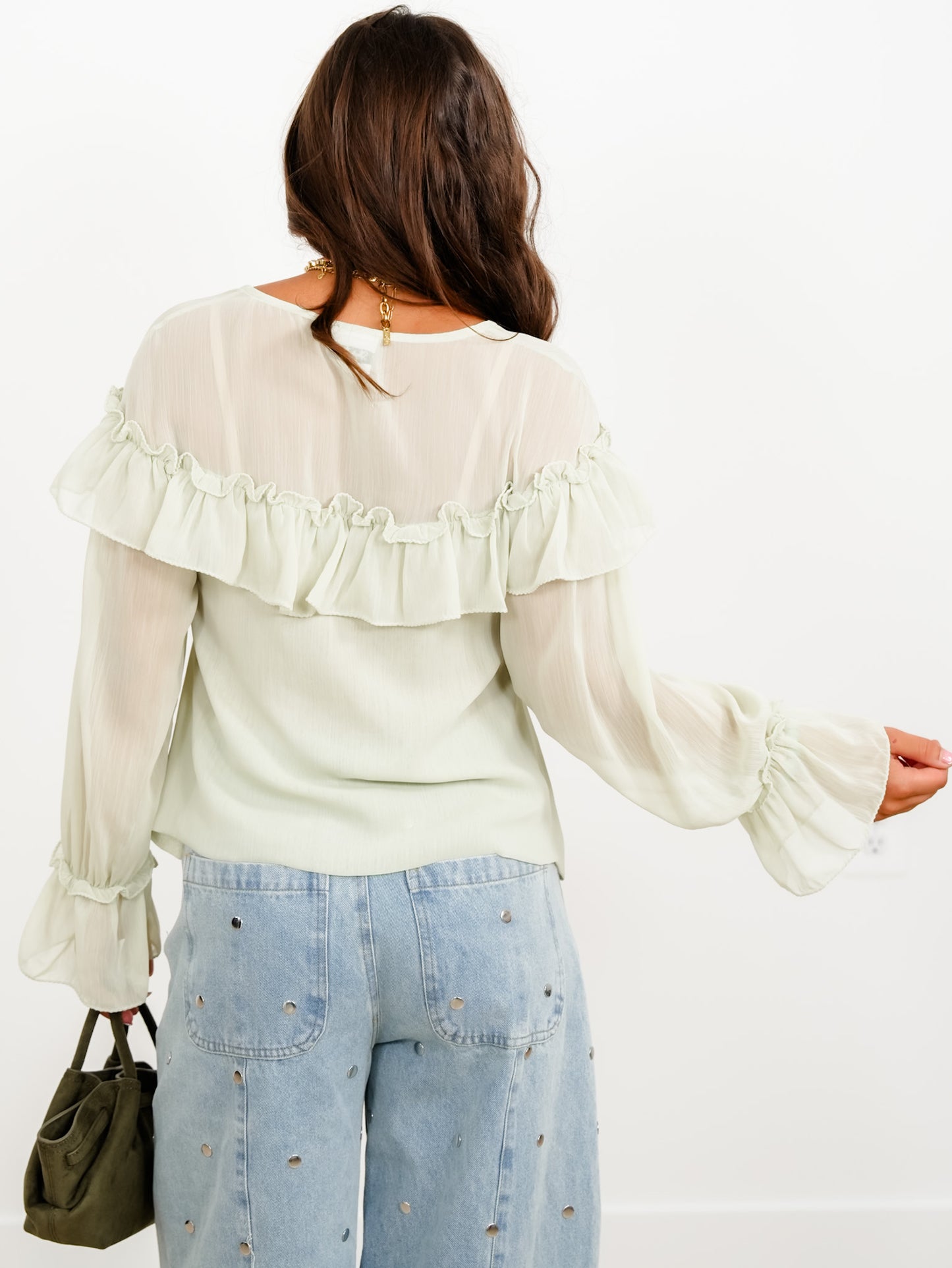 Sage Sheer Long Sleeve Tie Front Ruffle Top