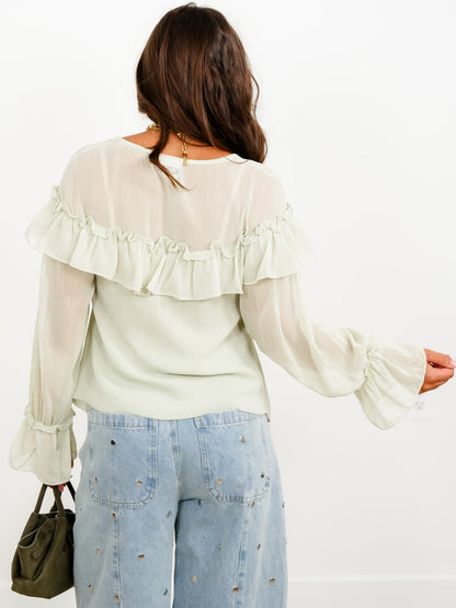 Sage Sheer Long Sleeve Tie Front Ruffle Top