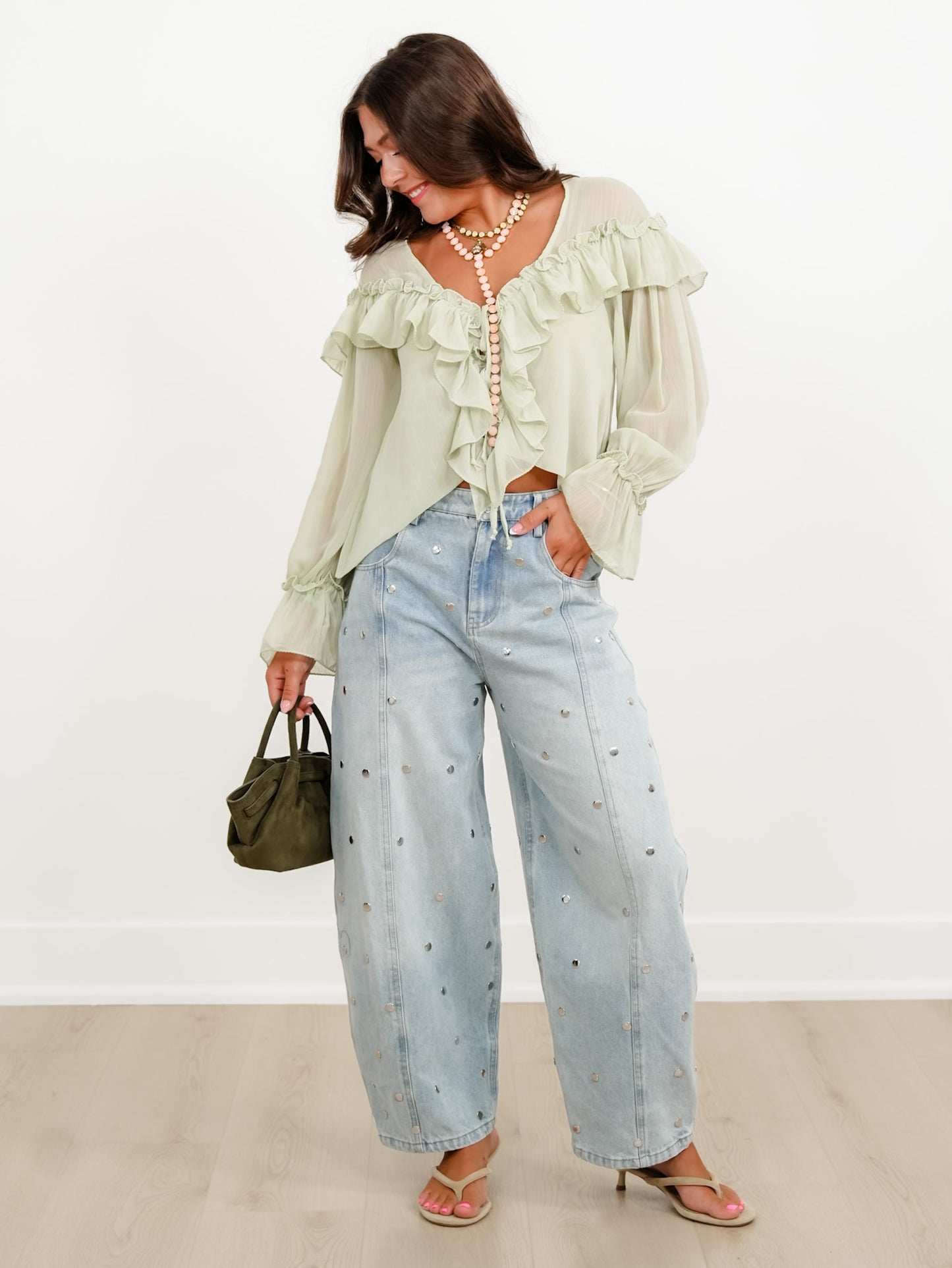 Light Wash Barrel Jeans with Studded Detail