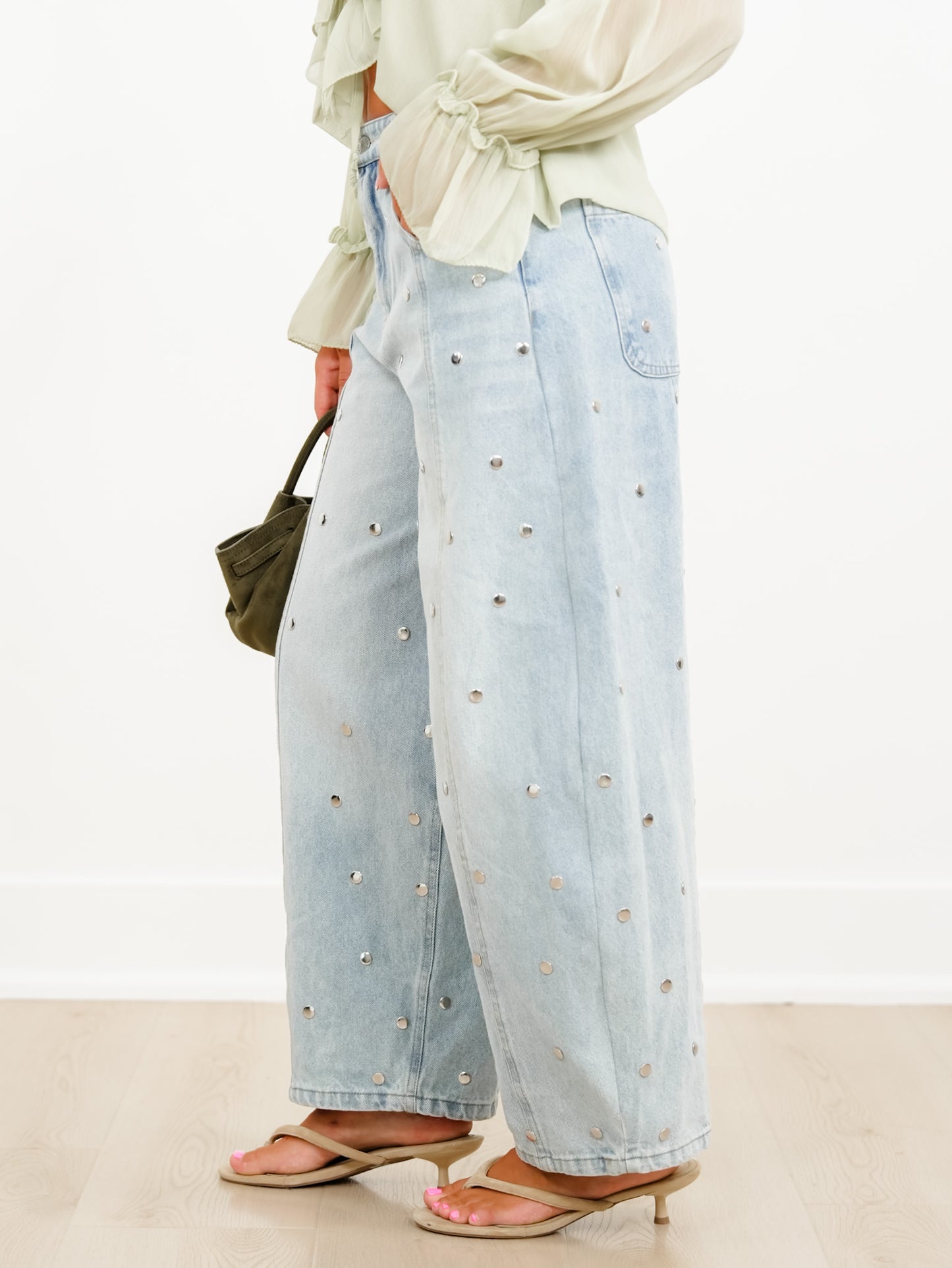 Light Wash Barrel Jeans with Studded Detail