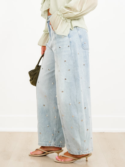 Light Wash Barrel Jeans with Studded Detail