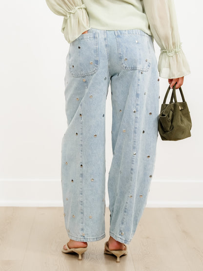 Light Wash Barrel Jeans with Studded Detail