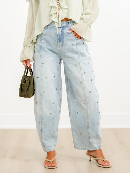 Light Wash Barrel Jeans with Studded Detail