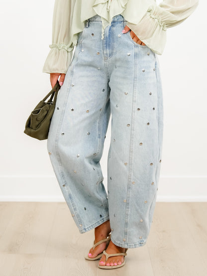 Light Wash Barrel Jeans with Studded Detail