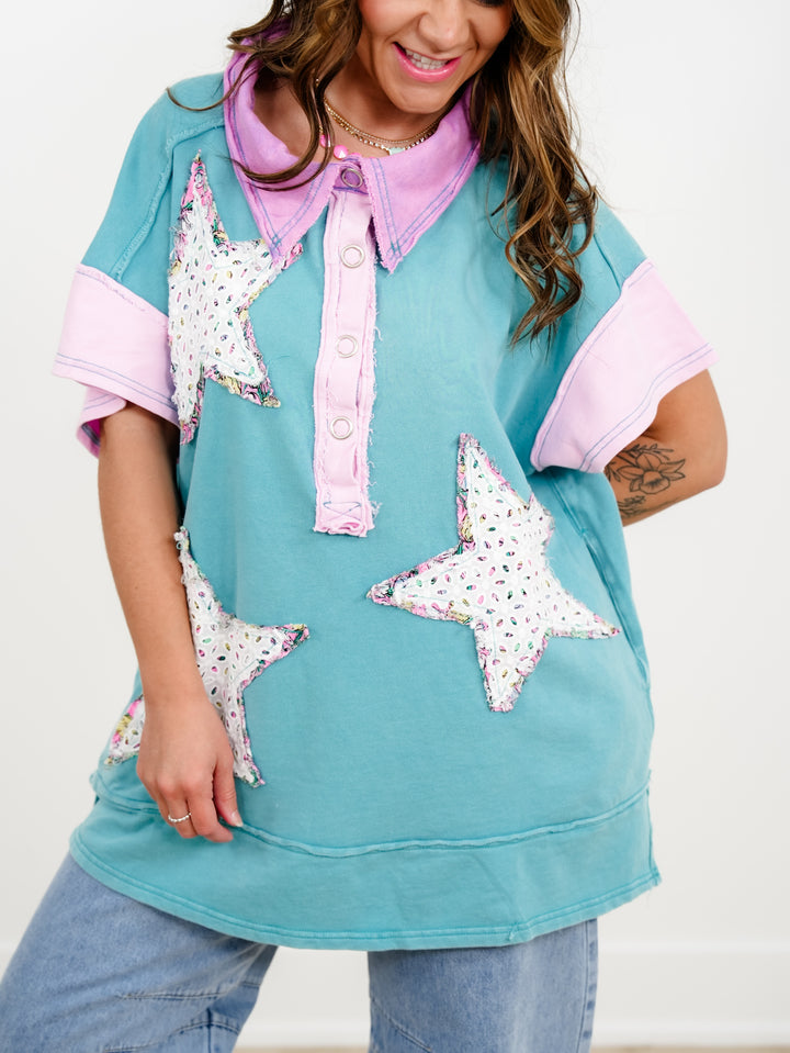 Star Patchwork Short Sleeve Button Up Tunic Top - Freckled Poppy