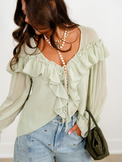 Sage Sheer Long Sleeve Tie Front Ruffle Top