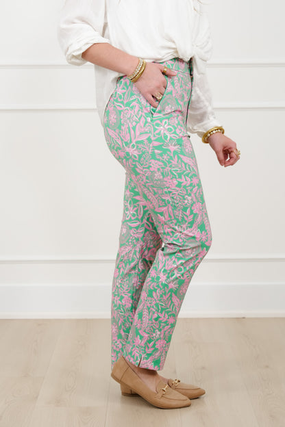 Plus/Reg Green Floral Print Pants with Side Zipper Pockets