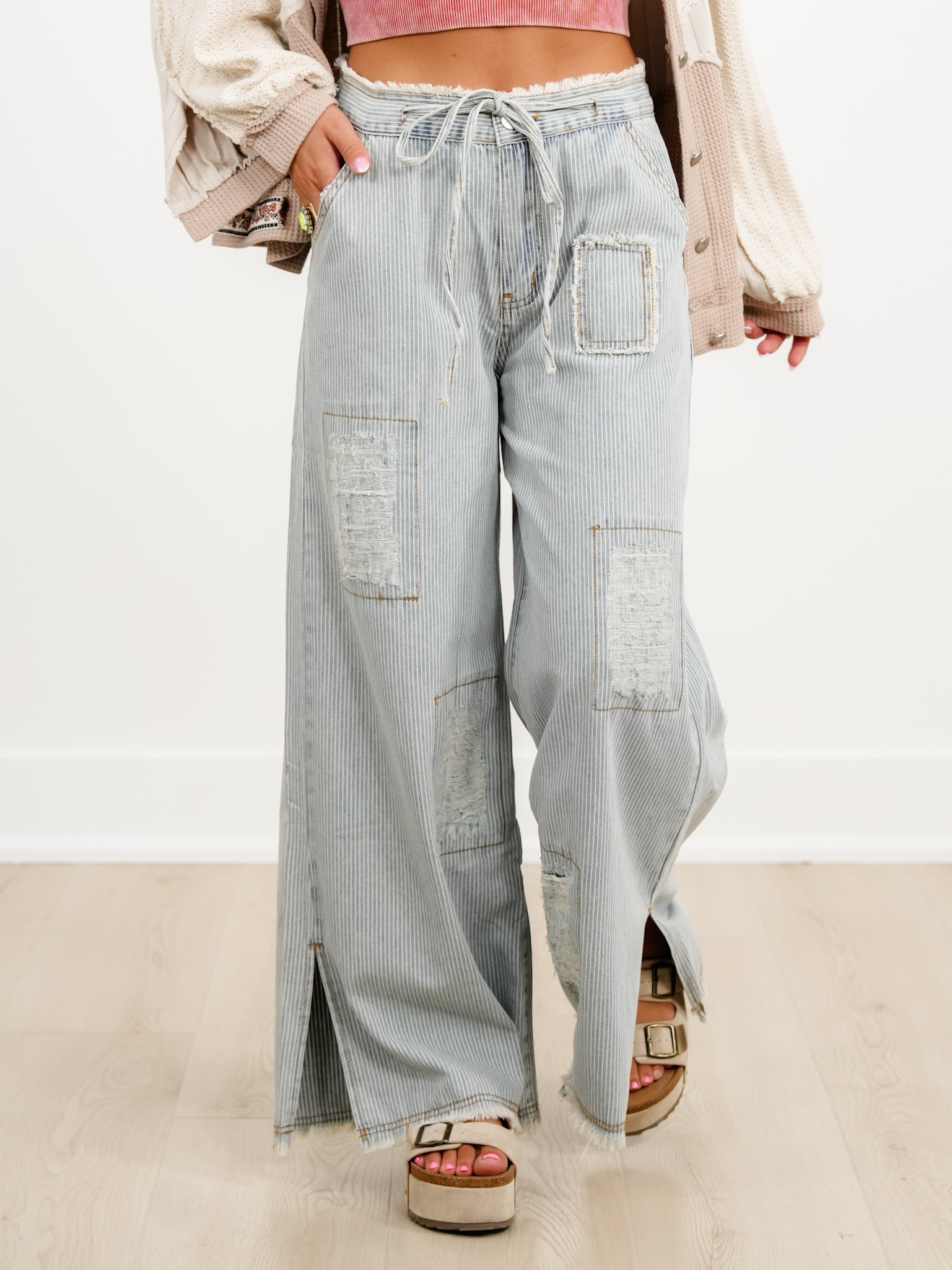 POL Denim Striped Wide Leg Pants with Distressing Detail - Freckled Poppy