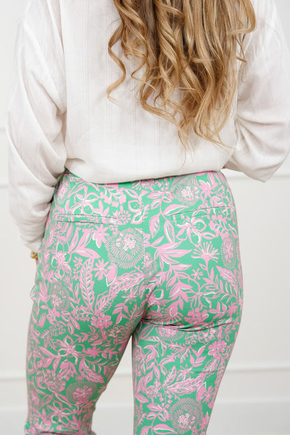 Plus/Reg Green Floral Print Pants with Side Zipper Pockets