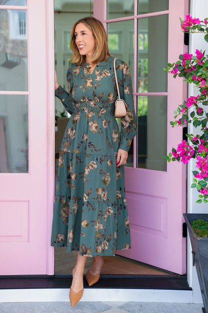 Plus/Reg Floral Long Sleeve Tiered Maxi Dress