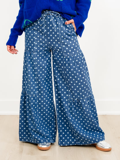 Plus/Reg Polka Dot Elastic Waist Tiered Pants