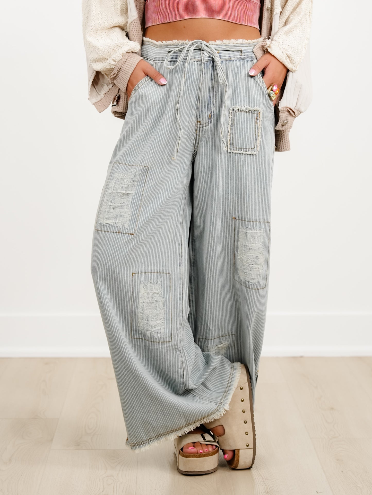 POL Denim Striped Wide Leg Pants with Distressing Detail - Freckled Poppy