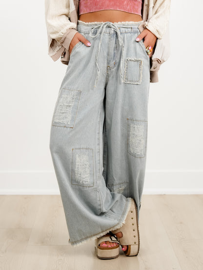 POL Denim Striped Wide Leg Pants with Distressing Detail - Freckled Poppy