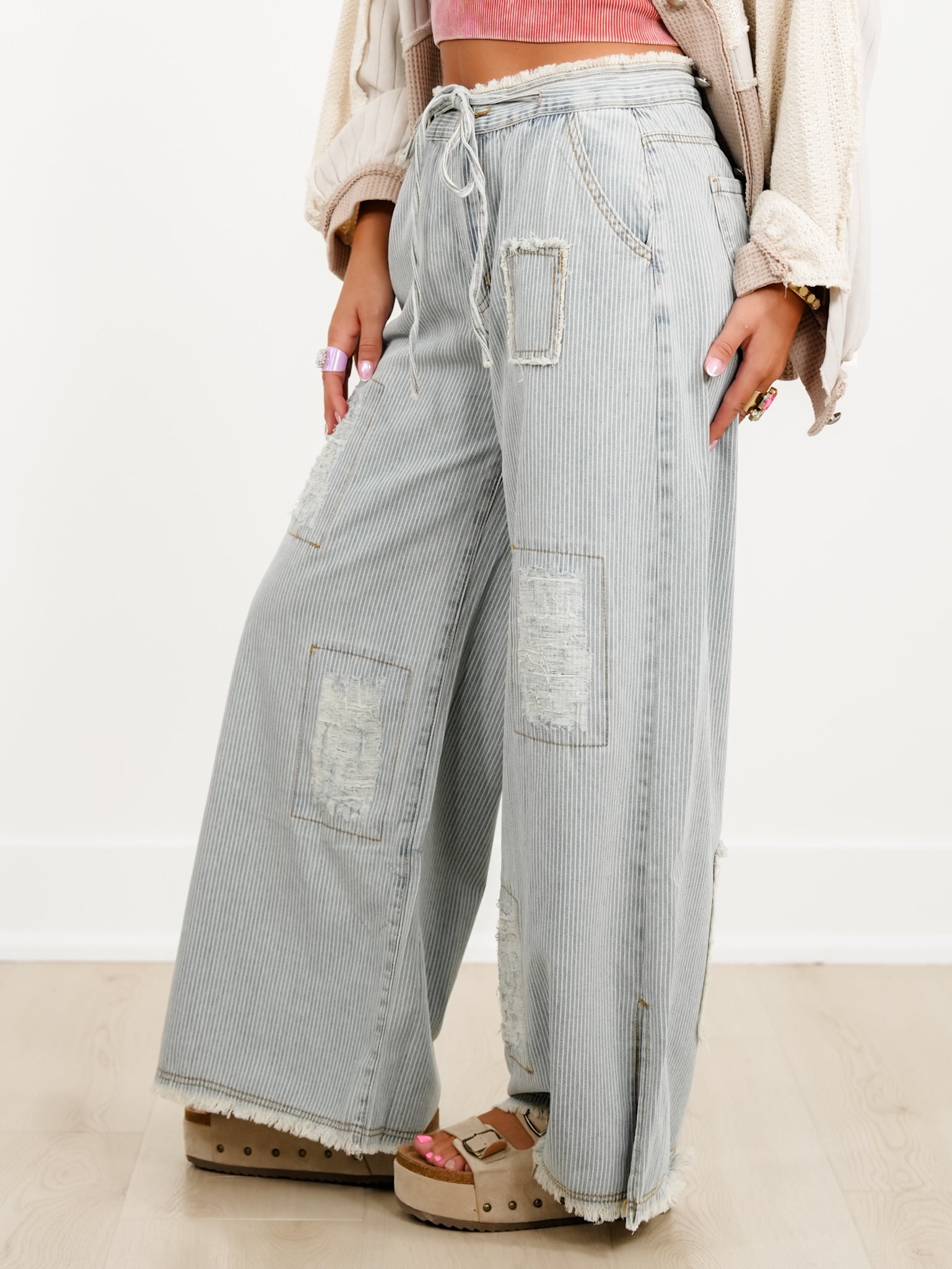 POL Denim Striped Wide Leg Pants with Distressing Detail - Freckled Poppy