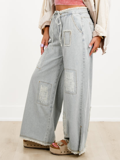 POL Denim Striped Wide Leg Pants with Distressing Detail - Freckled Poppy