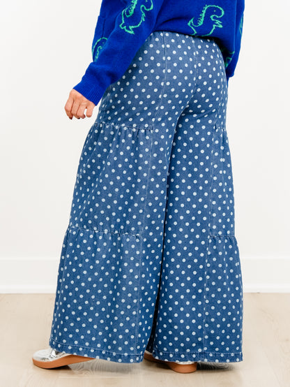 Plus/Reg Polka Dot Elastic Waist Tiered Pants