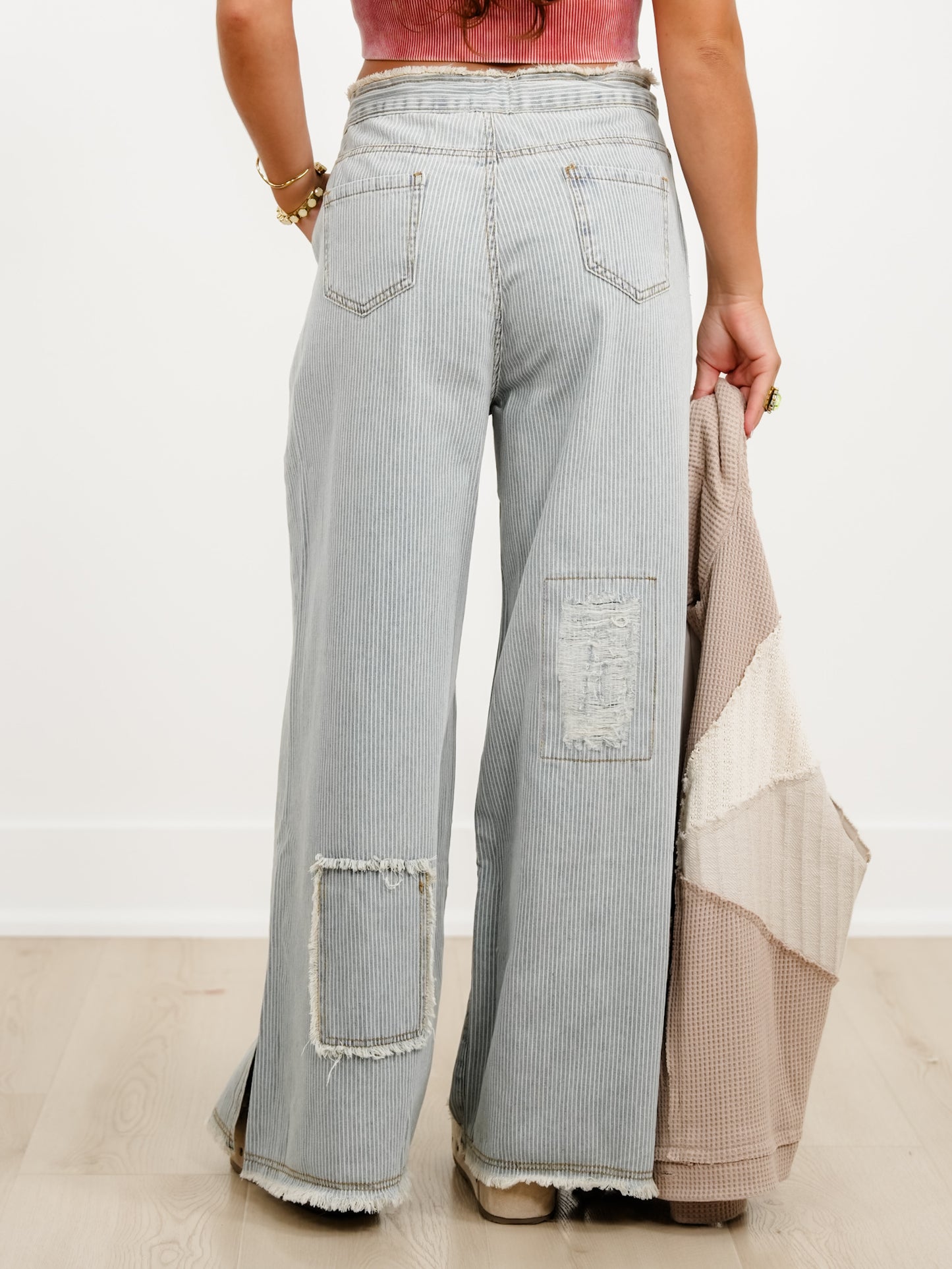 POL Denim Striped Wide Leg Pants with Distressing Detail - Freckled Poppy