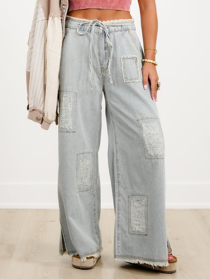 POL Denim Striped Wide Leg Pants with Distressing Detail - Freckled Poppy