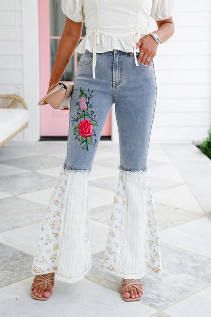 POL Denim Floral Flare Leg Jeans with Embroidery Detail