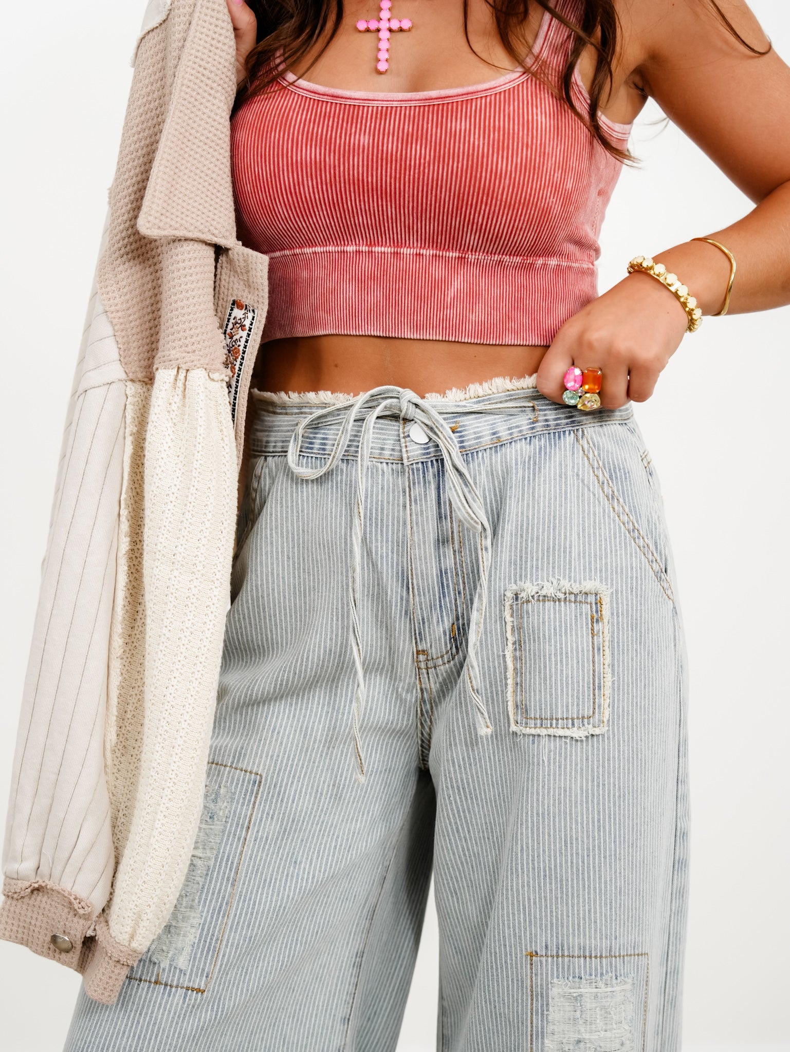 POL Denim Striped Wide Leg Pants with Distressing Detail - Freckled Poppy