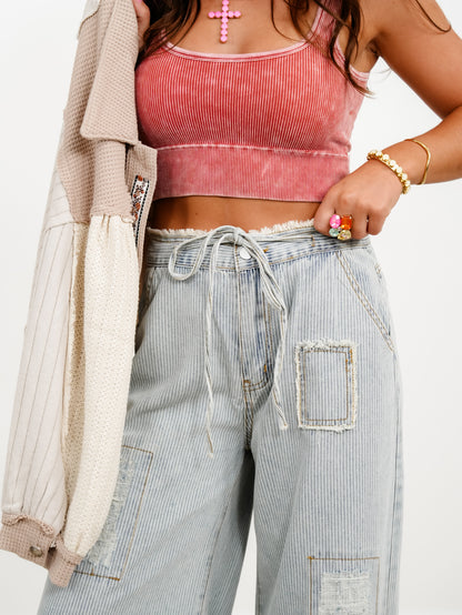 POL Denim Striped Wide Leg Pants with Distressing Detail - Freckled Poppy
