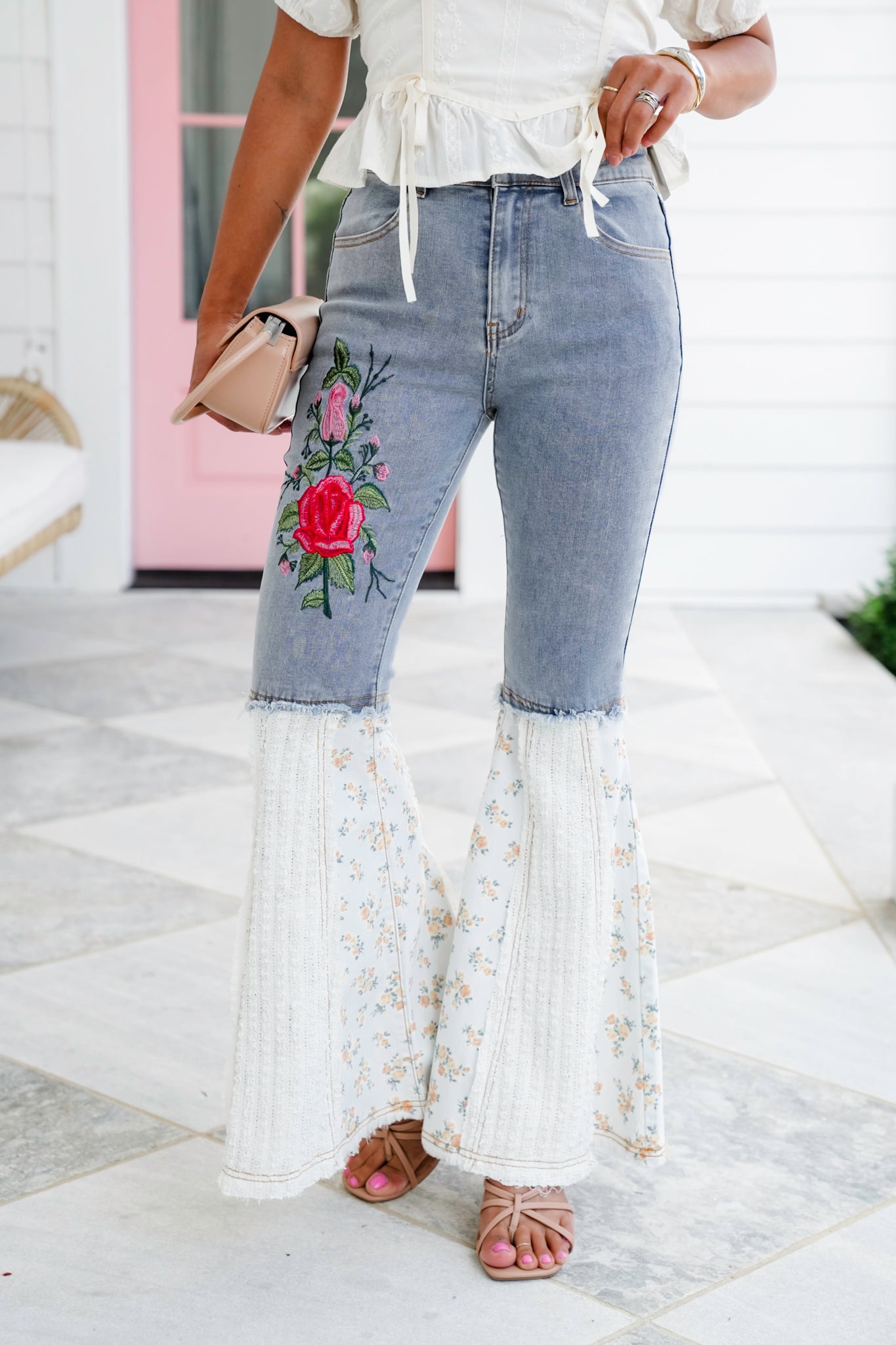 POL Denim Floral Flare Leg Jeans with Embroidery Detail