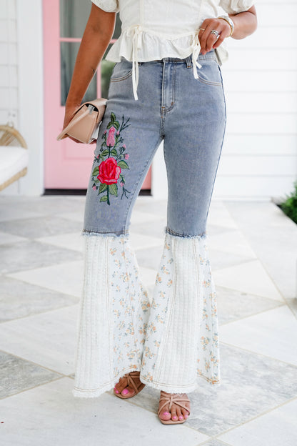 POL Denim Floral Flare Leg Jeans with Embroidery Detail
