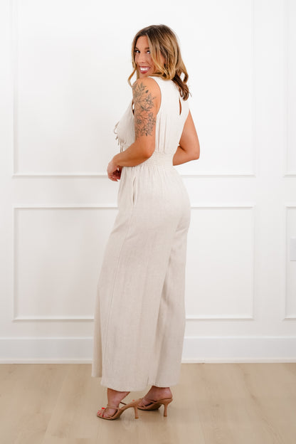 Linen Blend Sleeveless Smocked Waist Jumpsuit