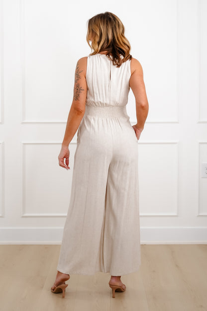 Linen Blend Sleeveless Smocked Waist Jumpsuit